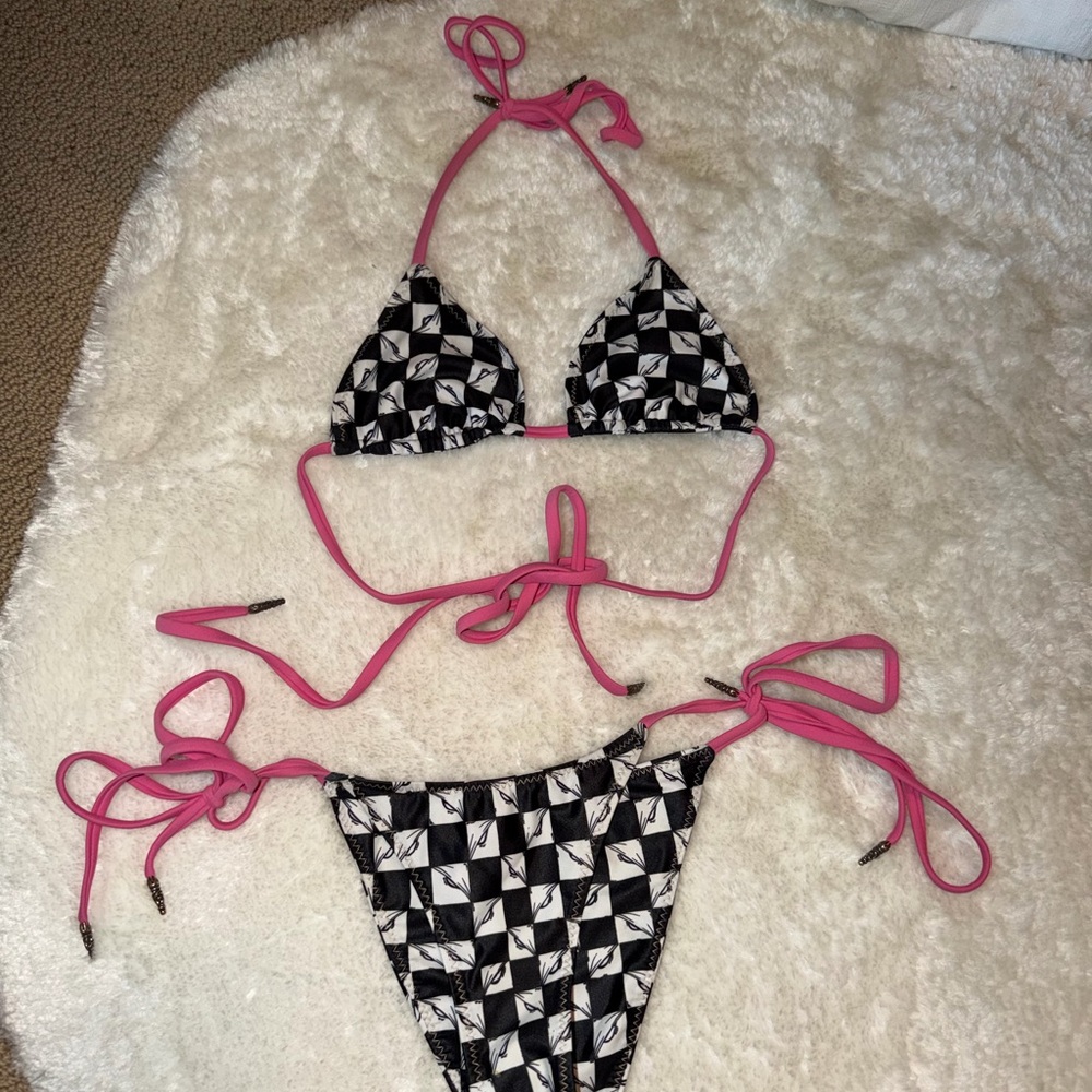 Chrome Hearts x Matty Boy Black and White Checkered Bikini with Pink Ties